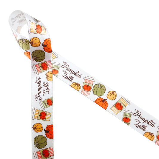 Pumpkin Latte ribbon featuring Pumpkin Latte in brown script with orange and green striped coffee cups and pumpkin sleeves with tossed pumpkins of orange, green and tangerine printed on 7/8" white satin is an ideal ribbon indulging the pumpkin spice lover in your life. This is a fun ribbon for gift wrap, gift baskets, party favors, cookies, coffee shops, candy shops and cake pops. Have this ribbon on hand for Fall crafts like quilting, sewing and scrap booking. All our ribbon is designed and printed in the 
