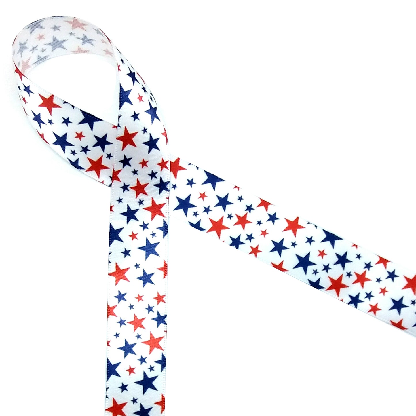 Stars Ribbon in Red and Navy Blue on 5/8"and 7/8" white single face satin