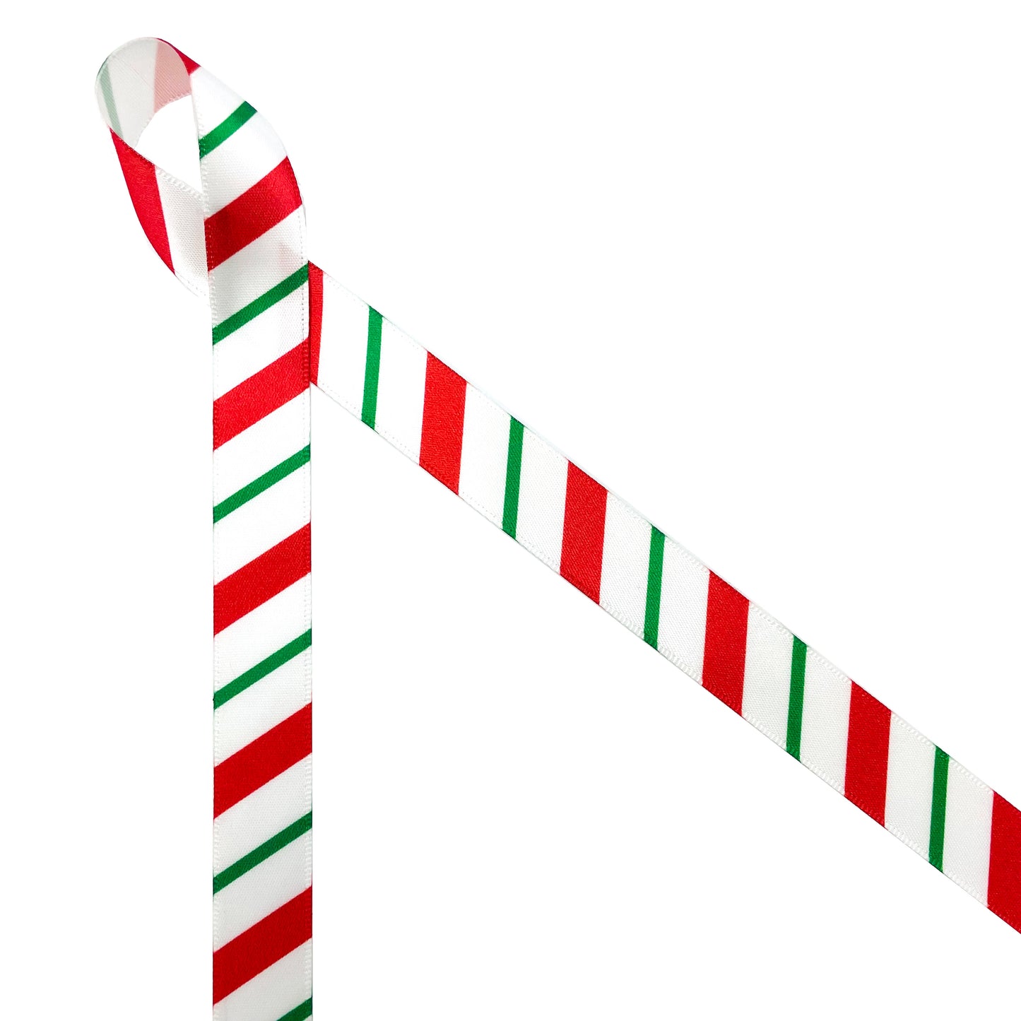 Christmas Ribbon Candy Cane Stripes Red and Green on 5/8" White Single Face Satin ribbon