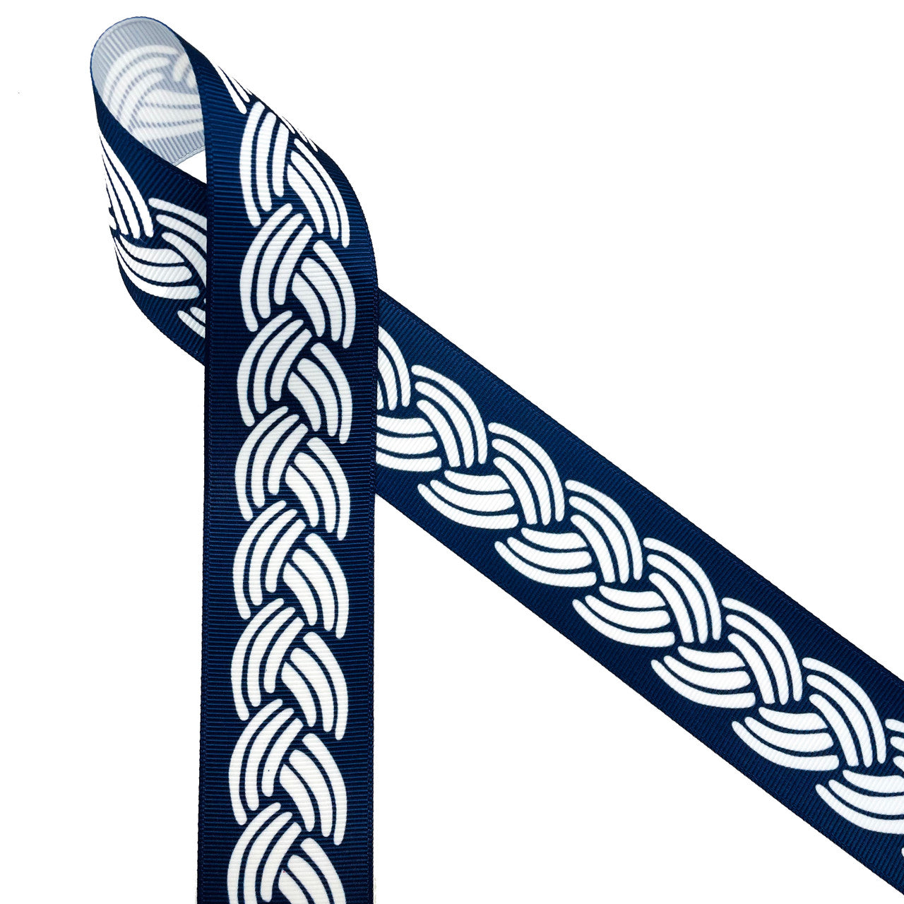 Nautical rope design on a navy blue background printed on 1.5 white  grosgrain ribbon, 10 yards