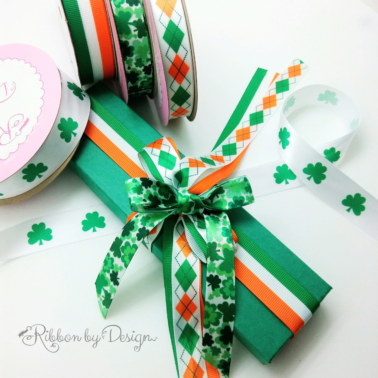 Shamrock ribbon for St Patricks Day, party favors, sweets tables, candy shops, cookies, cake pops, printed on 5/8" white satin