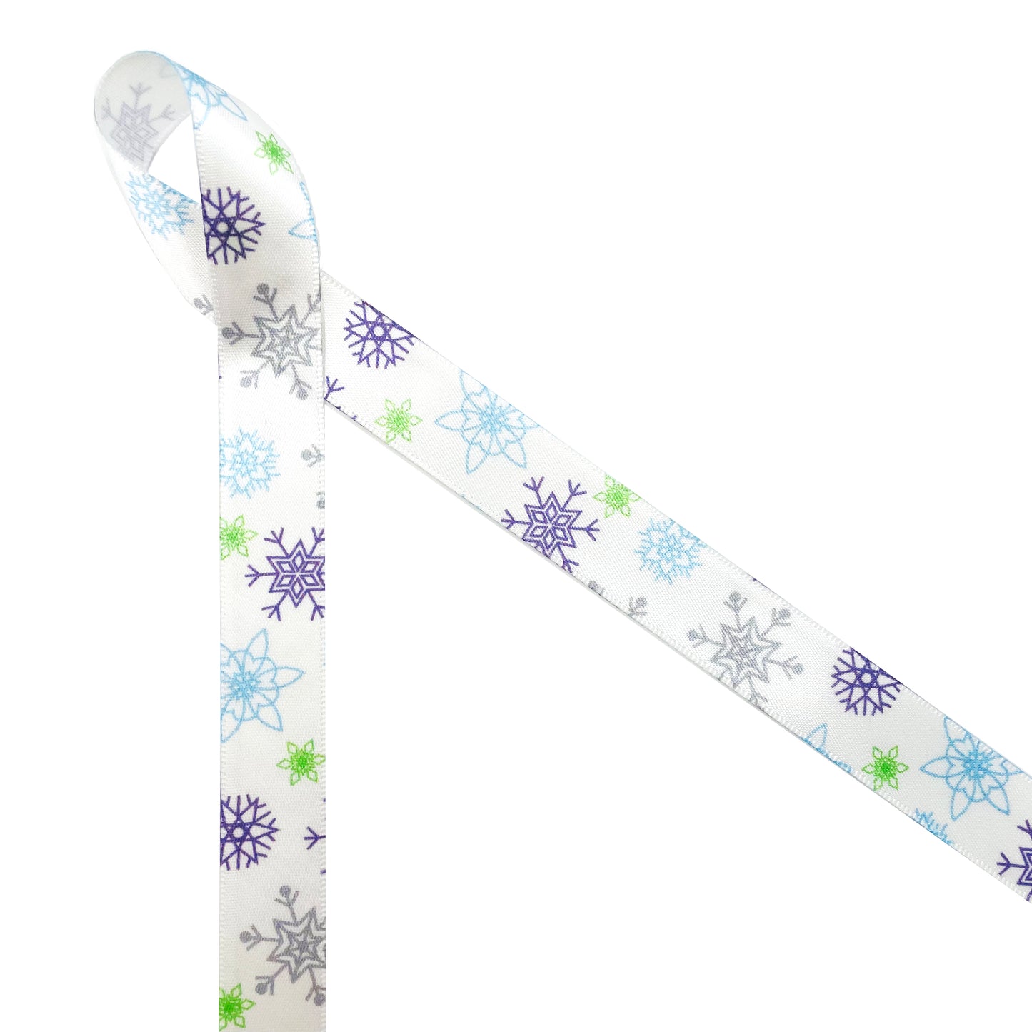 Snowflakes Ribbon in blue, gray and green on  5/8"white single face satin