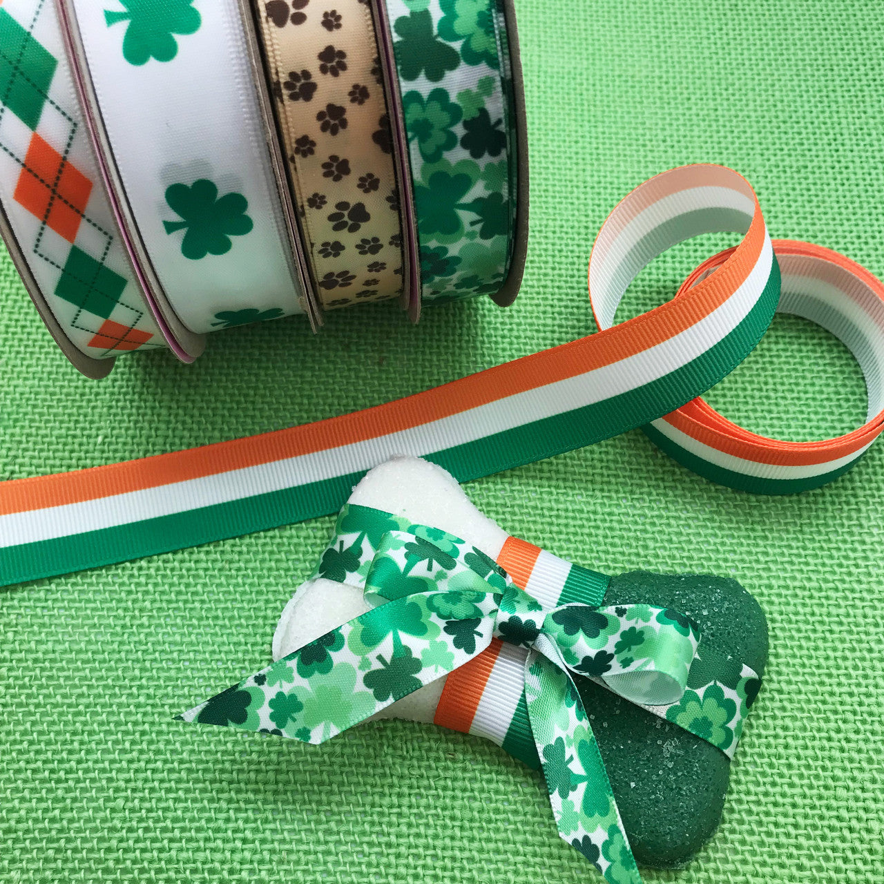 St. Patricks Day Irish Argyle Ribbon  in green, orange and black printed on 5/8" white single face satin
