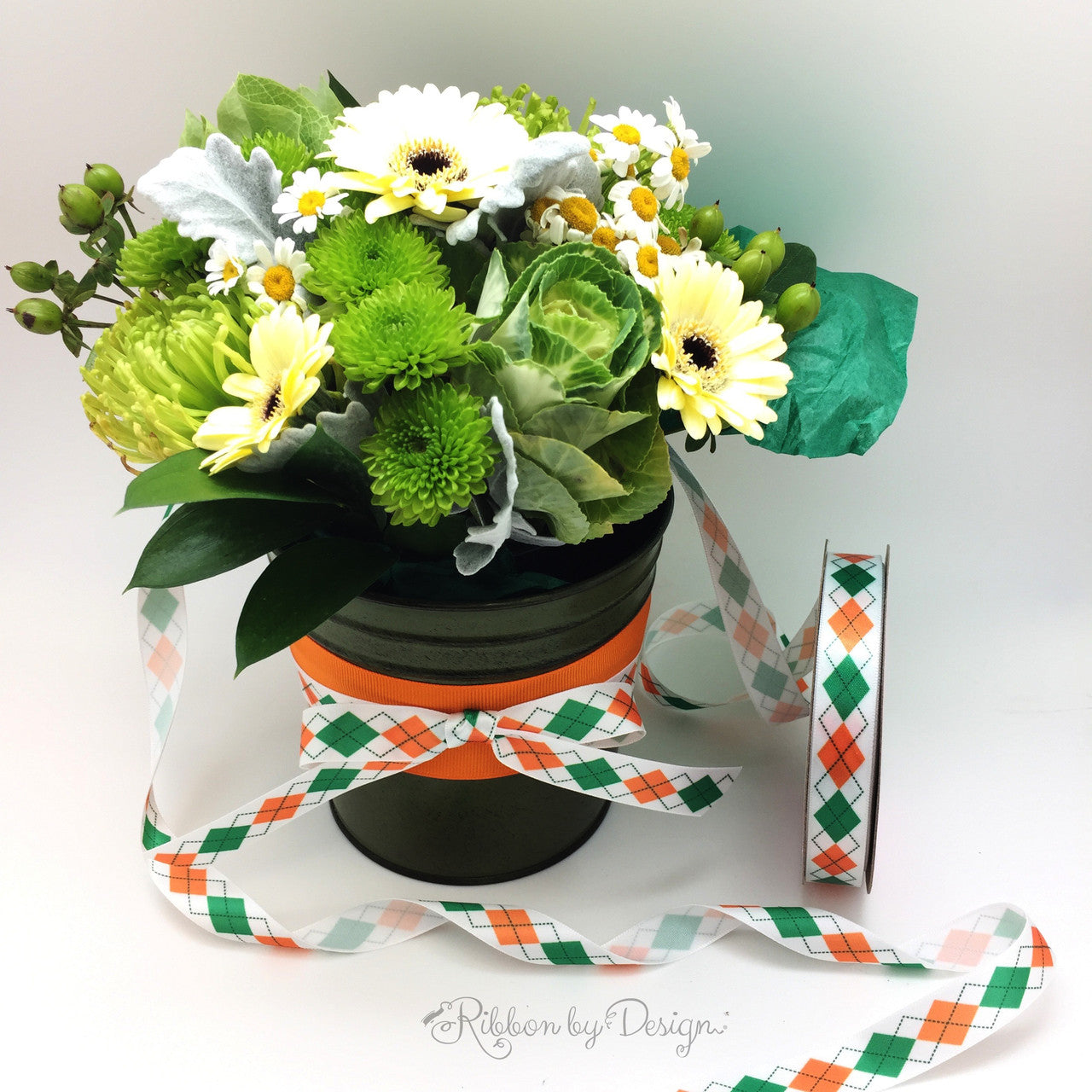 St. Patricks Day Irish Argyle Ribbon  in green, orange and black printed on 5/8" white single face satin