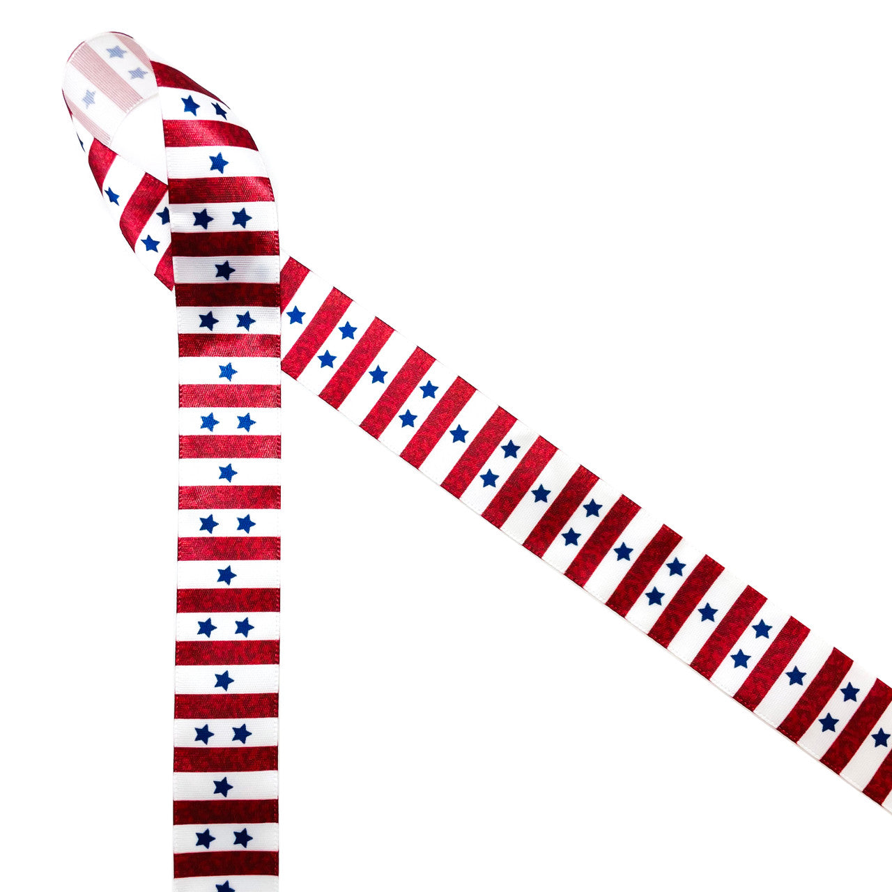 Stars and Stripes on 7/8" White single face satin ribbon is the ideal accent to your patriotic party themes!