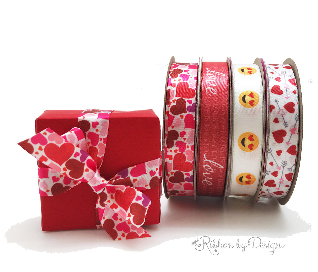 Love is Ribbon with love in white script on a subtle red background  printed on 5/8" white single face satin