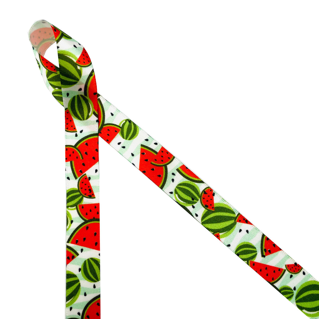 Watermelon ribbon red slices and whole melons with black seeds tossed on a green and white striped background printed on 5/8" white single face satin is a fun Summer themed ribbon. This is a great ribbon for barbecues, Summer parties, pool parties, and Fourth of July for party decor, party favors, gift wrap, gift baskets, cookies, cake pops and sweets tables! Use this ribbons for crafts, hair bows, headbands, sewing and quilting projects! All our ribbon is designed and printed in the USA