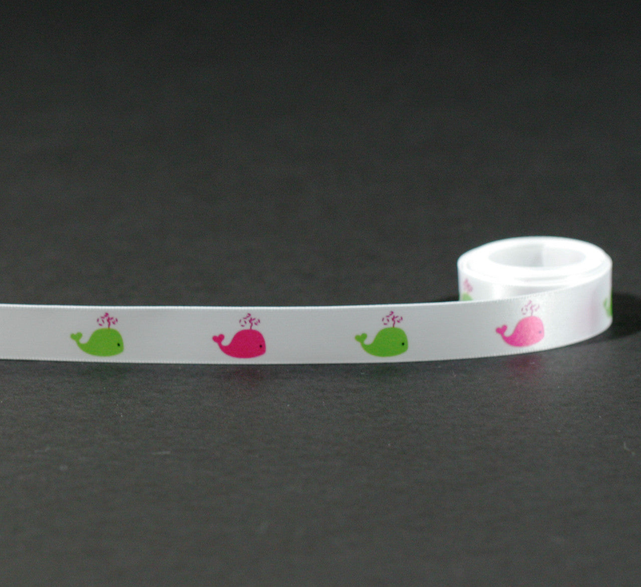 Pink and Green spouting whales on white 5/8" single face satin ribbon