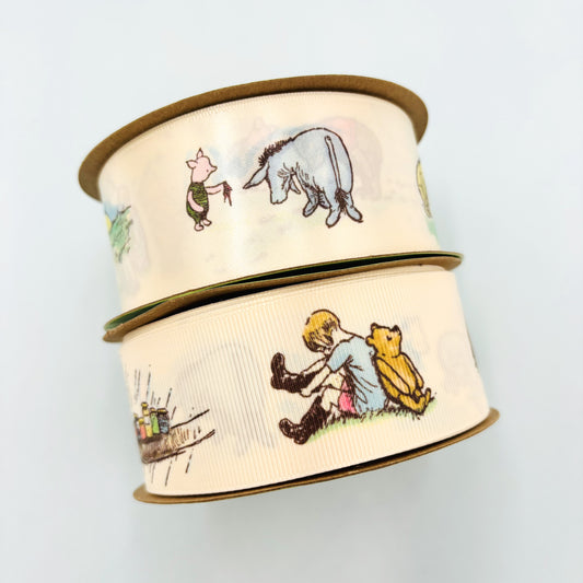 Pooh Bear ribbon with friends owl, piglet, Eyore and Christopher Robin printed on 1.5" Antique white satin or grosgrain