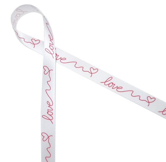 Valentine's Love ribbon LOVE written in romantic red script printed on 5/8" white single face satin