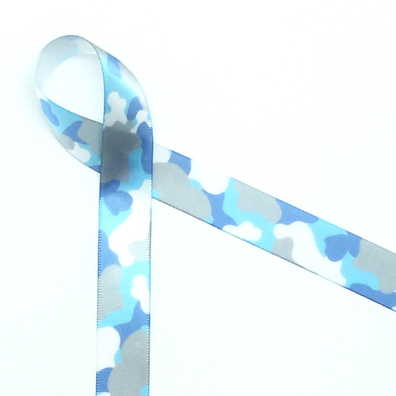 Camouflage Ribbon Light blue and gray on 5/8" White Single Face Satin