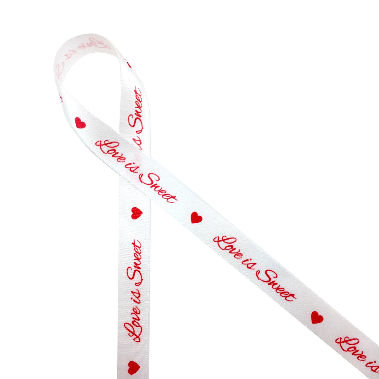 Love is Sweet Ribbon in Red on 5/8" White Single Face Satin Ribbon