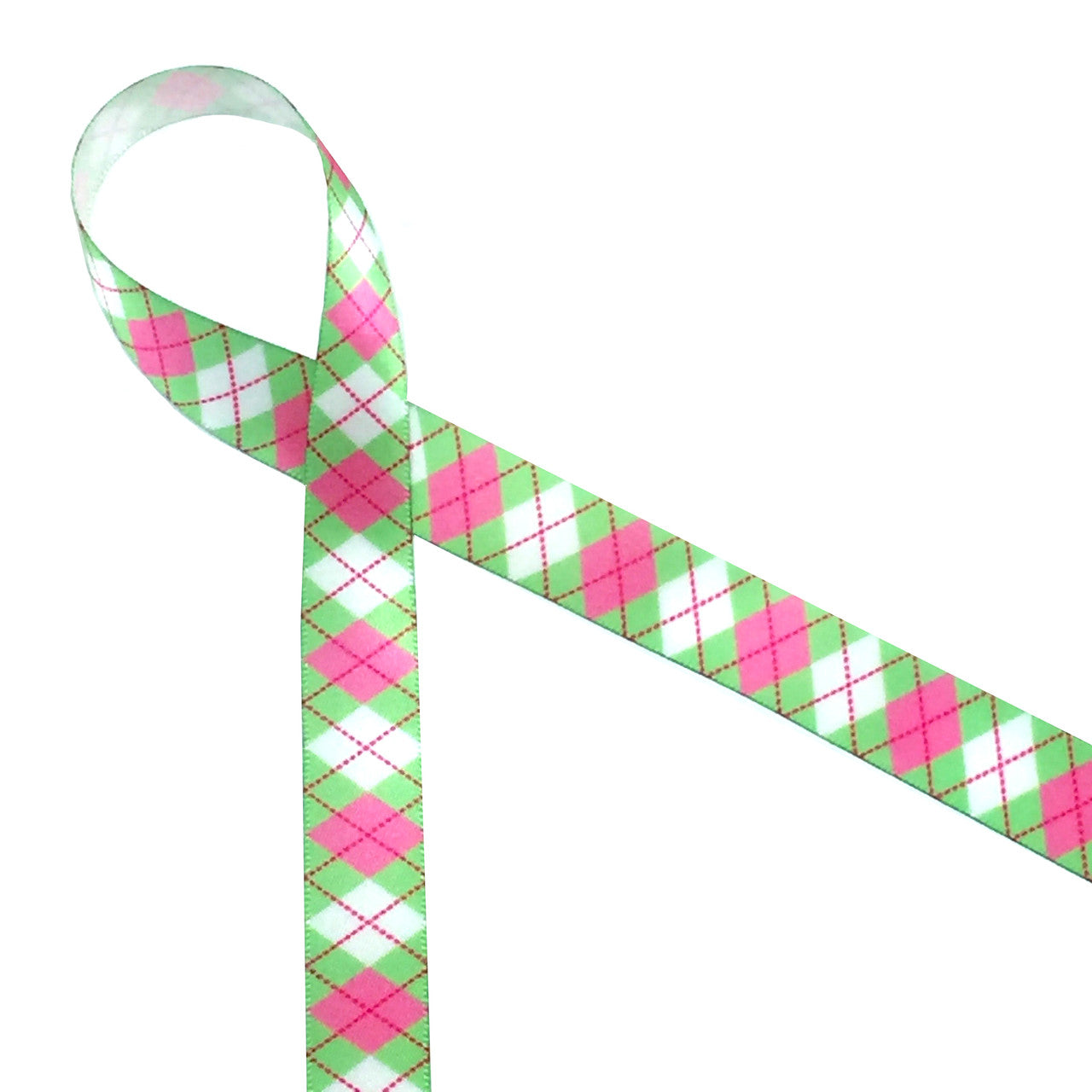 Argyle Ribbon in Pink and Green on 5/8" and 7/8" Single Face Satin Ribbon