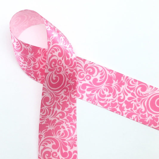 Swirls Ribbon in hot pink ink on 1.5" Light Pink Single Face Satin Ribbon