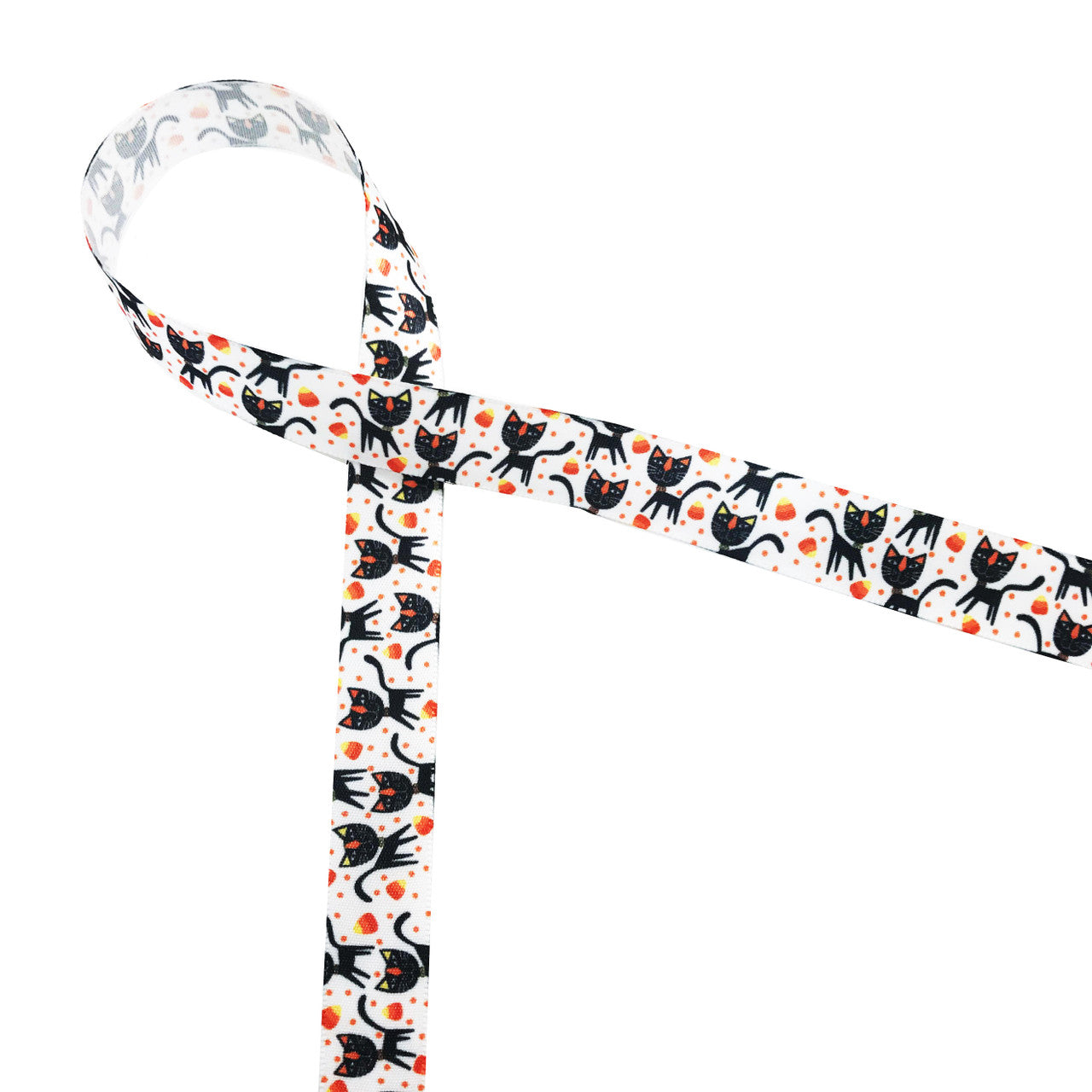 Black Cats Ribbon with candy corn on 5/8" White single face satin