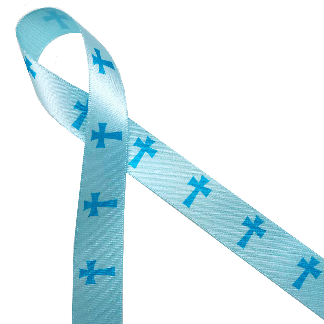 Blue crosses ribbon printed on 7/8 light blue single face satin
