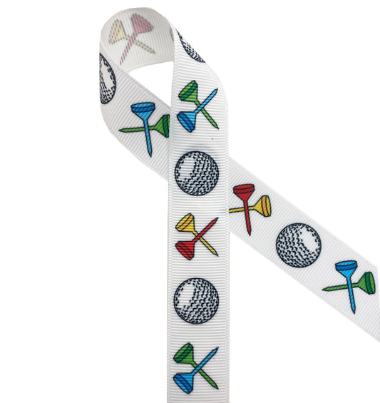 Golf balls ribbon with tees in red yellow green and blue printed on  white 7/8" grosgrain