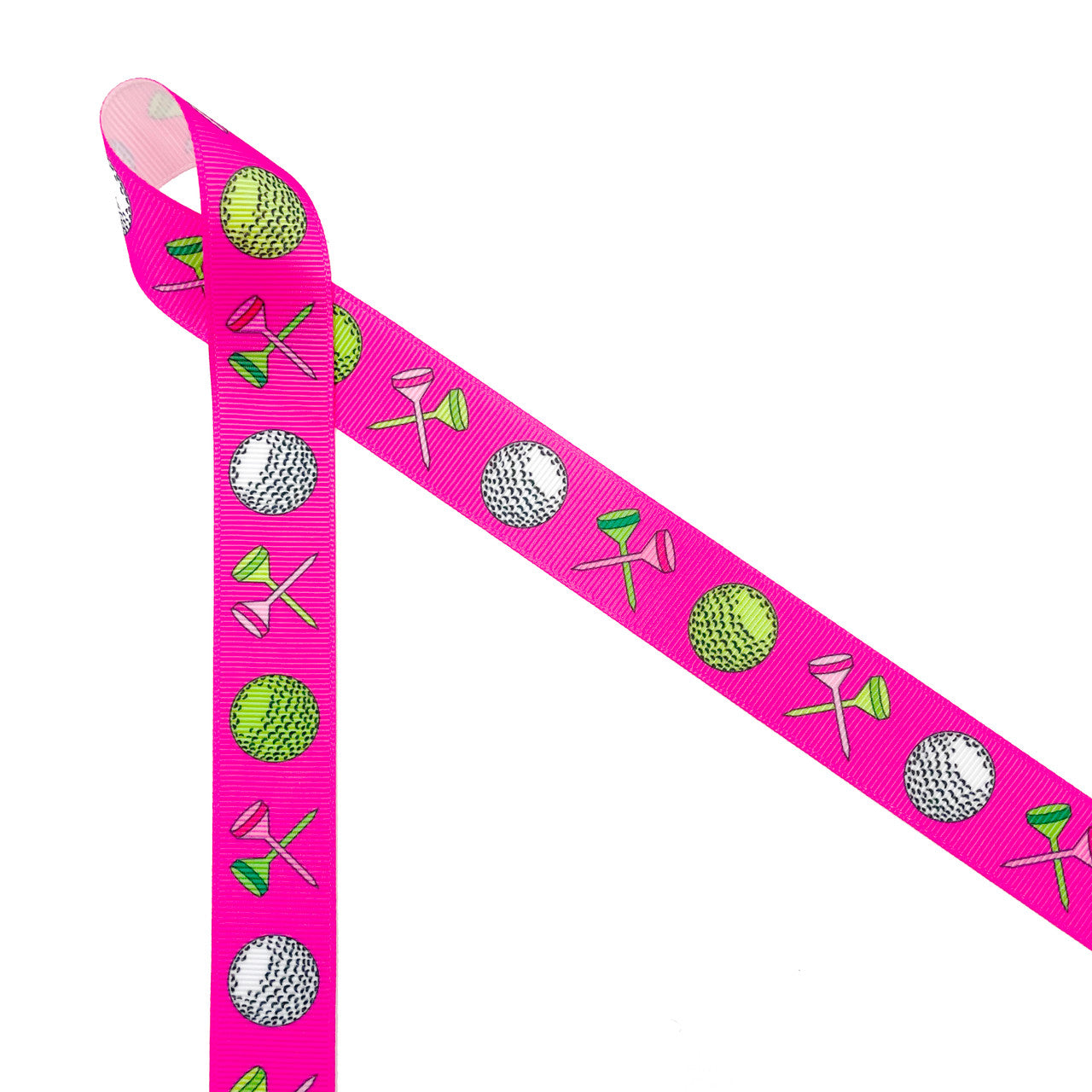 Golf ribbon Women's golf featuring golf balls and crossed tees on a hot pink background printed on 7/8" white grosgrain or white satin
