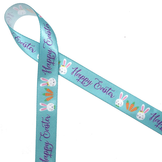 Happy Easter Ribbon in aqua with bunnies and carrots on 5/8" white single face satin
