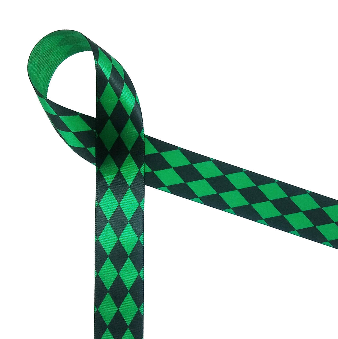 Harlequin print in black on 7/8 Emerald Green single face satin ribbon, 10  Yards