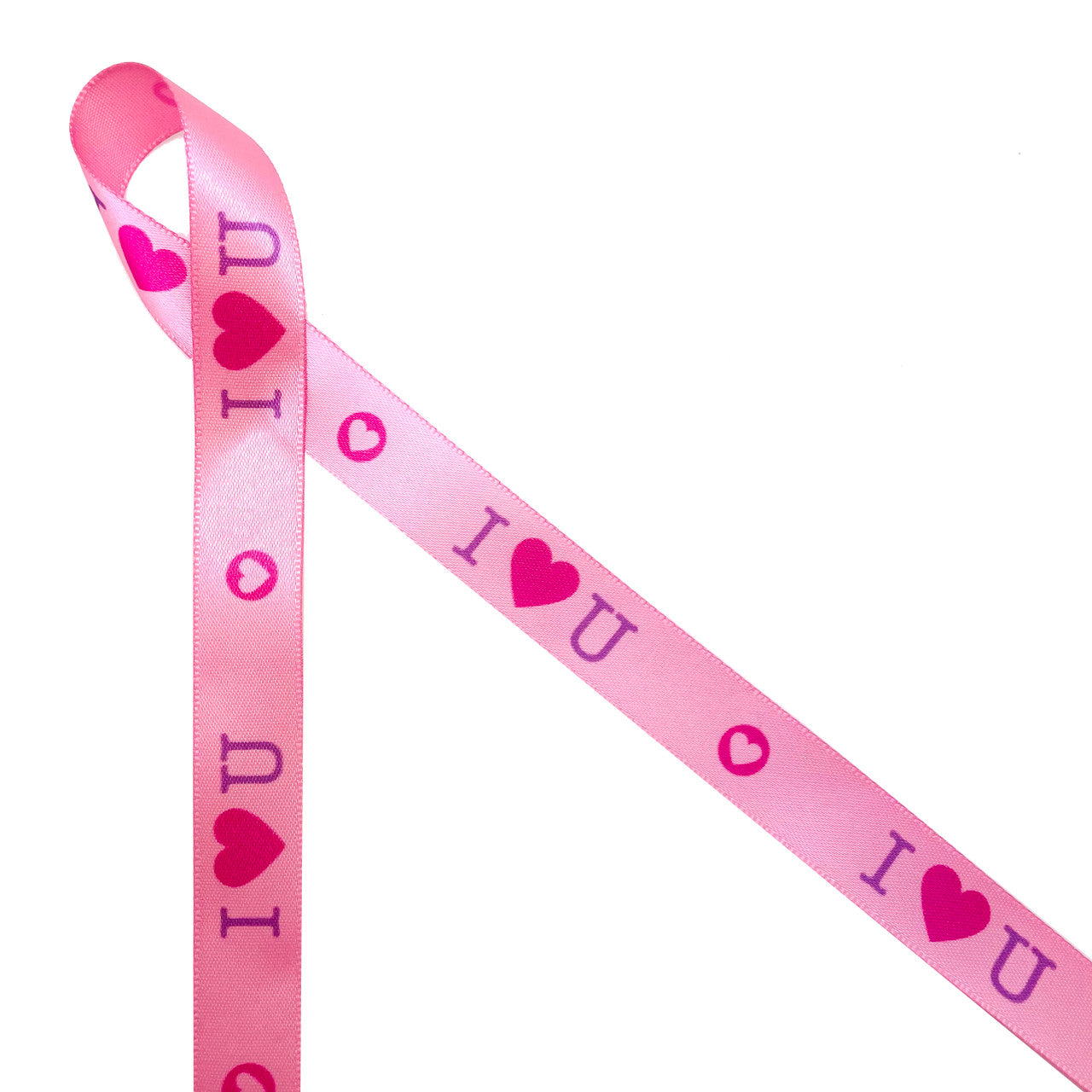 Valentine I Heart (Love) U Ribbon in Purple on 5/8" Medium Pink Satin Ribbon