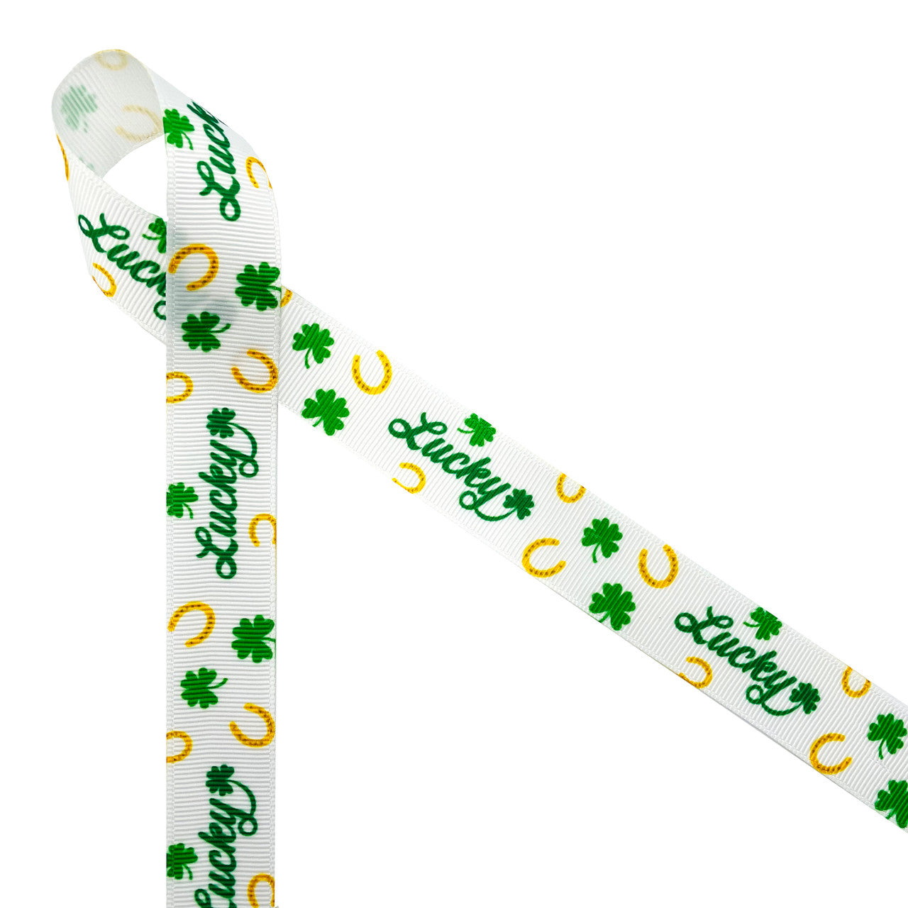 Lucky ribbon for St Patrick's Day  and Equestrian events with horse shoes and tossed shamrocks printed on 7/8" white grosgrain