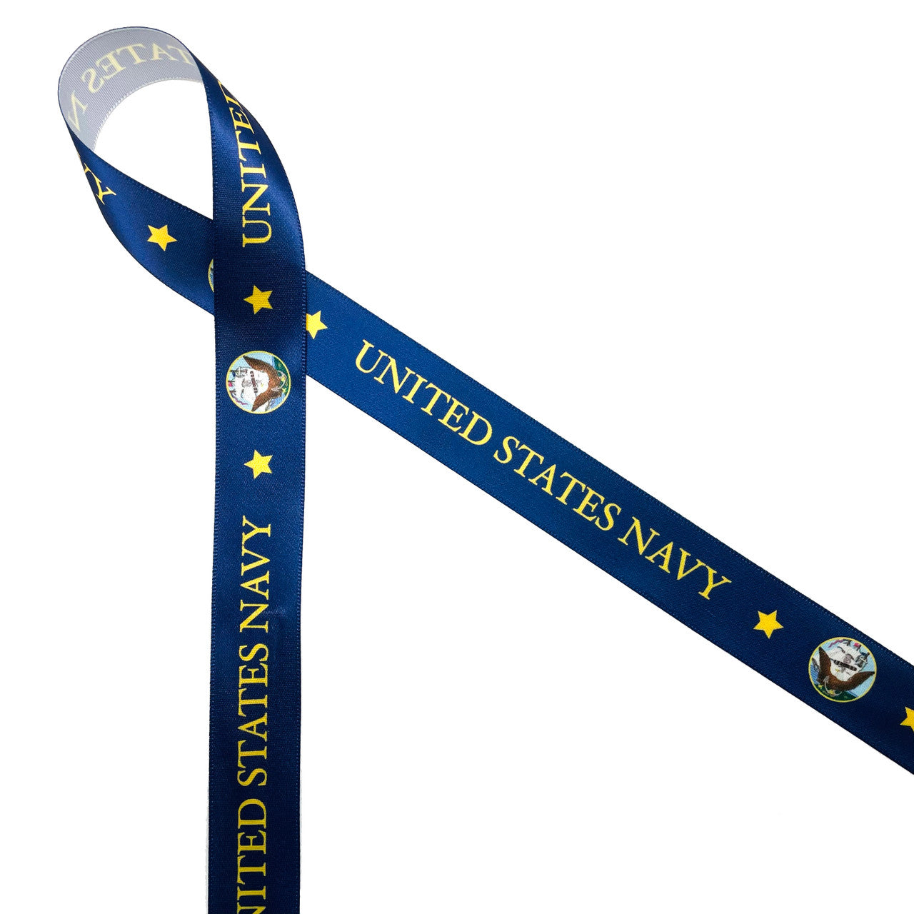 United States Navy Logo Ribbon on a Blue Background 7/8 Single Face Satin