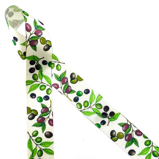 Olives Ribbon in dark purple and green on 7/8"Antique White single face satin