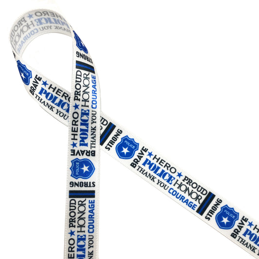 Police Word Block ribbon printed in black and blue on 5/8" white single face satin ribbon