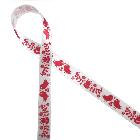 Red folk lore ribbon with hearts and love birds printed on 5/8" antique white single face satin 10 Yards
