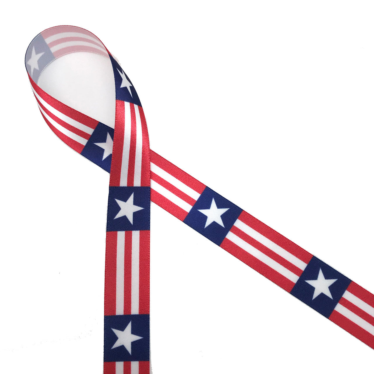 Patriotic ribbon with fireworks in red, white and blue for 4th ofJuly  printed on 7/8 white satin