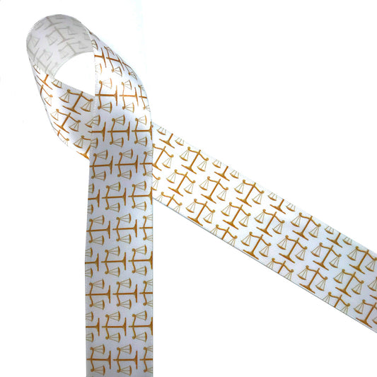 Scales of Justice Ribbon in Gold Printed on 1.5" White Single Face Satin