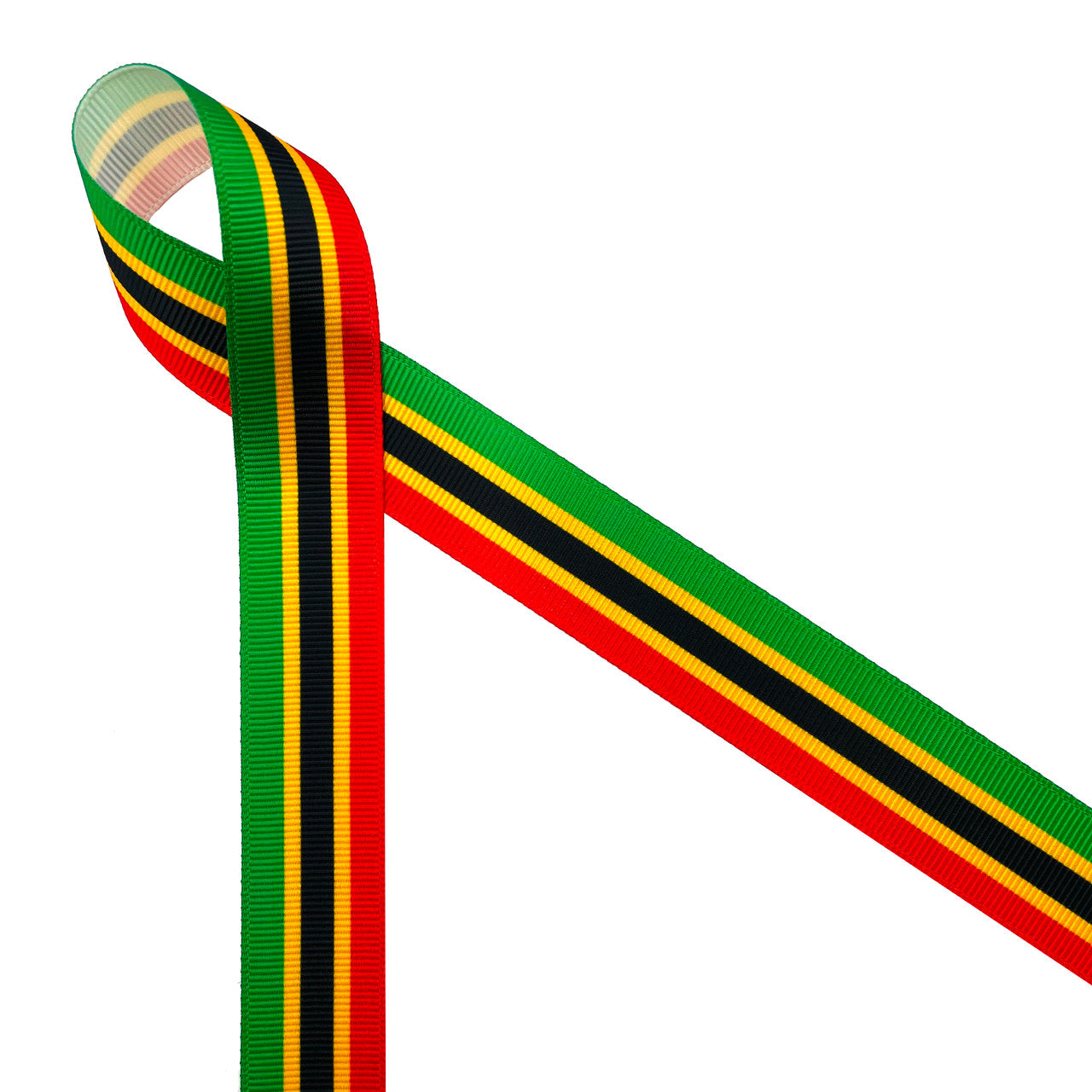 African Kente ribbon stripes of red, black, green and yellow printed on  7/8 white grosgrain, 10 yards
