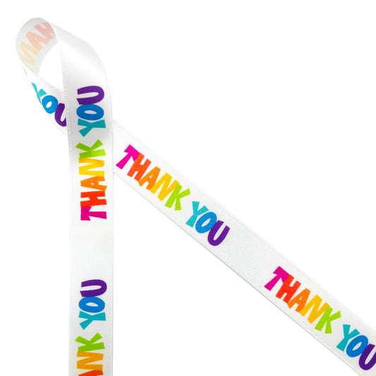 Thank you ribbon in rainbow block font printed on 5/8" white single face satin