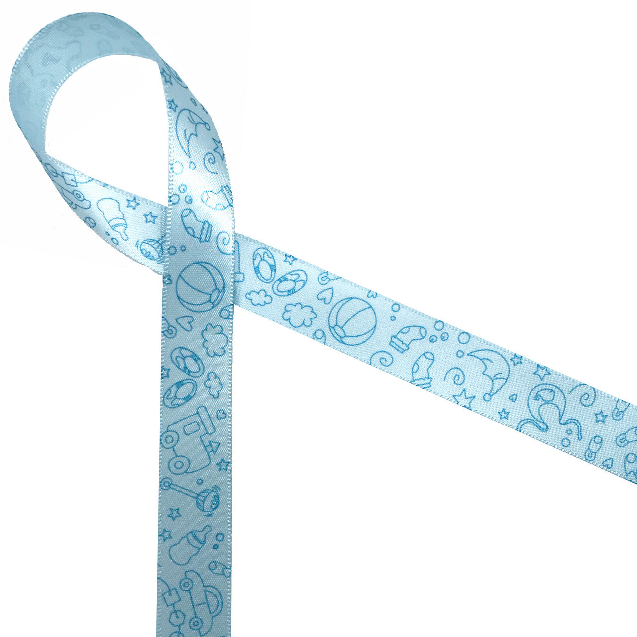 Baby Boy ribbon with tone on tone baby elements on 5/8 light blue single  face satin, 10 Yards