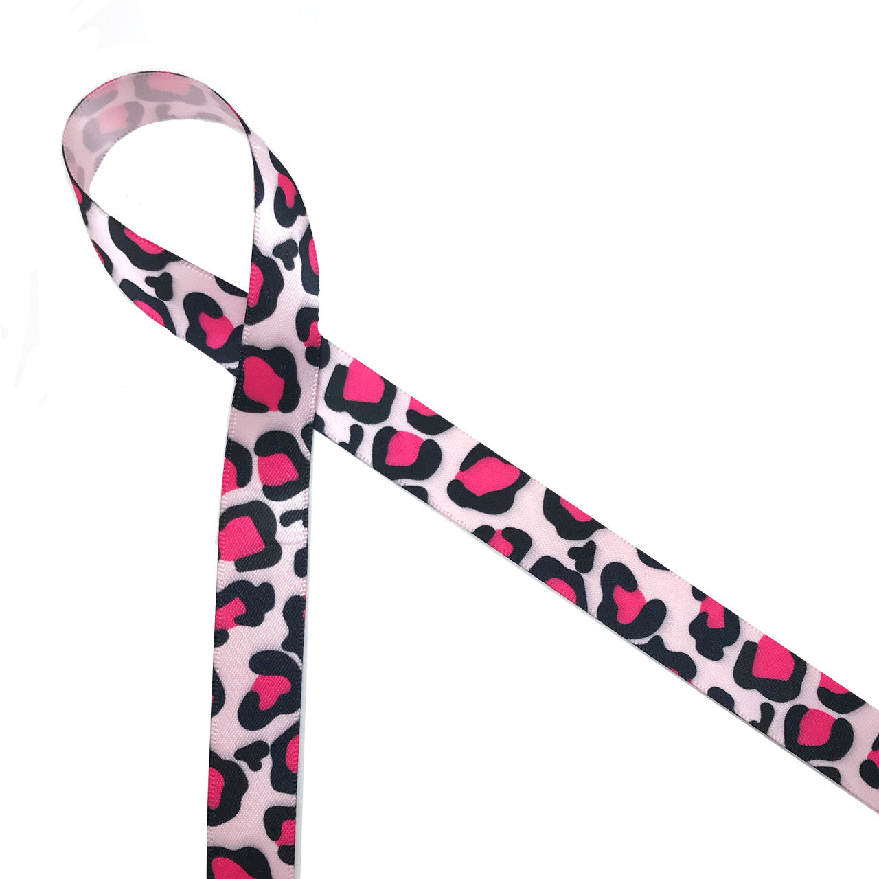 Pink leopard print of black and hot pink on 5/8 light pink single face  satin, 10 Yards