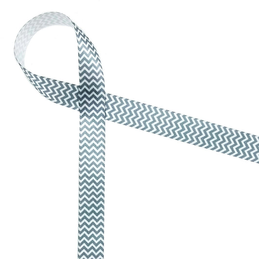 Micro Mini Chevron Ribbon in Gray and White on 5/8" White Single Face Satin