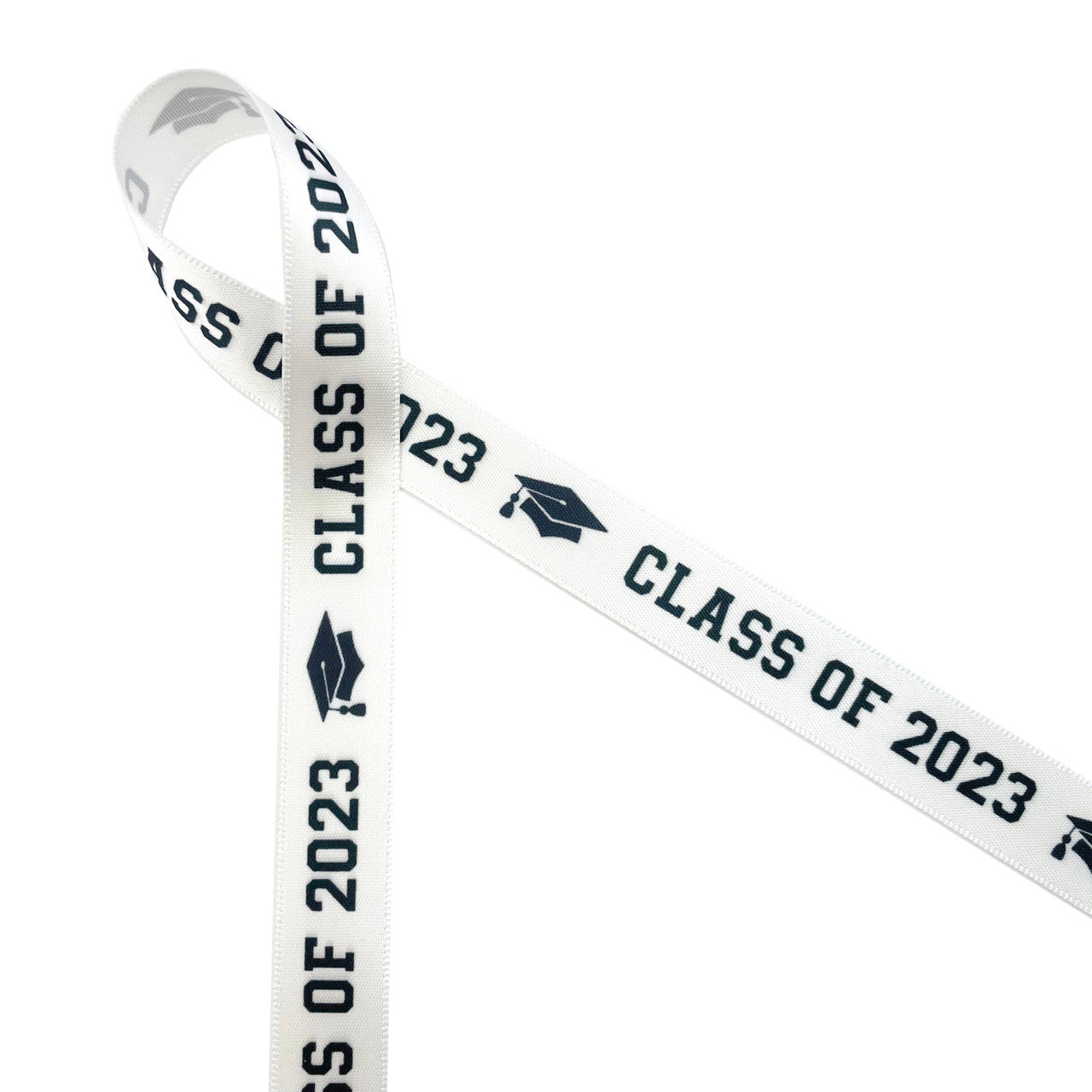 Graduation Ribbon Class of 2023 in black printed on 5/8" white single face satin