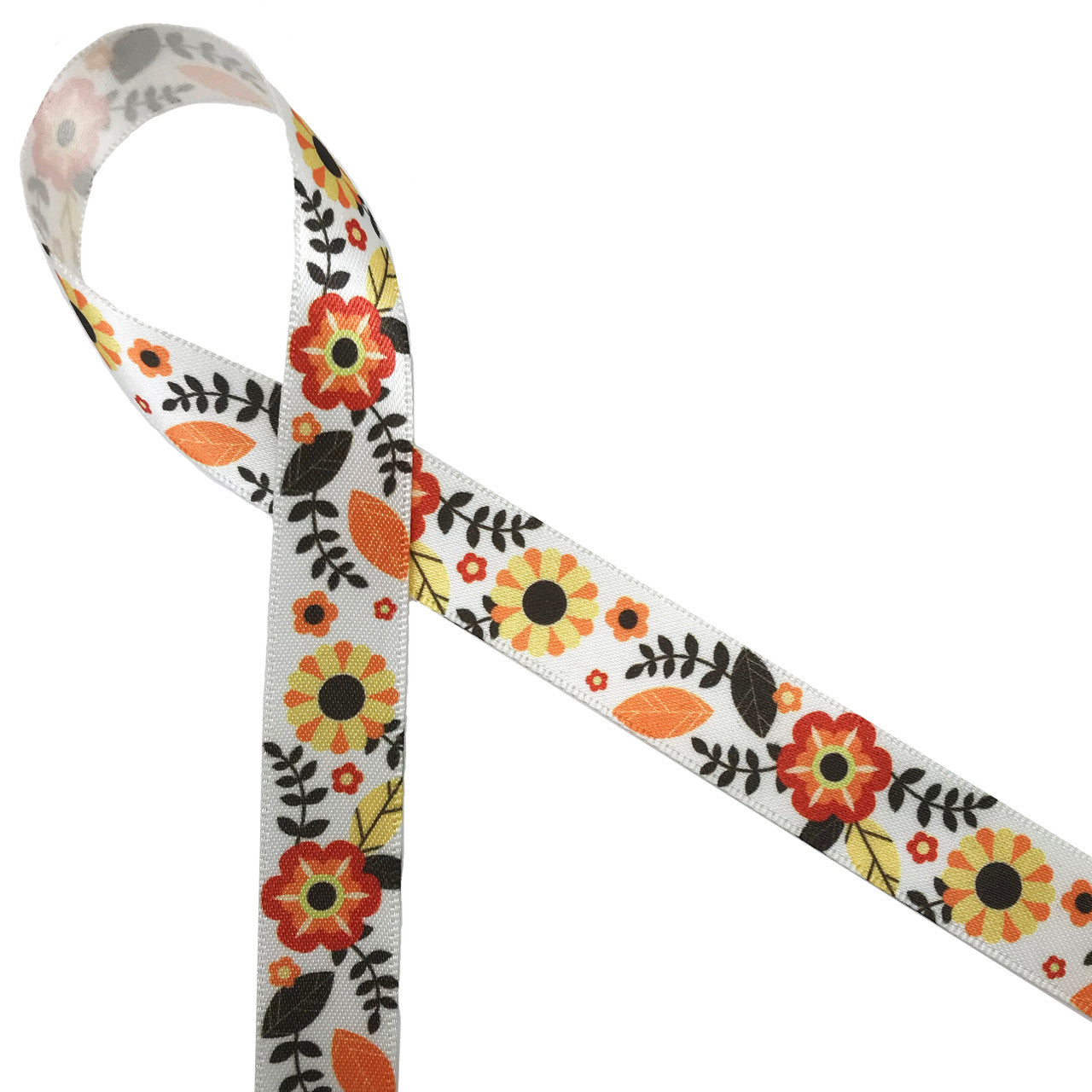Fall Floral ribbon with flowers of red, orange, yellow and brown leaves  printed on 5/8 antique white double face satin, 10 yards