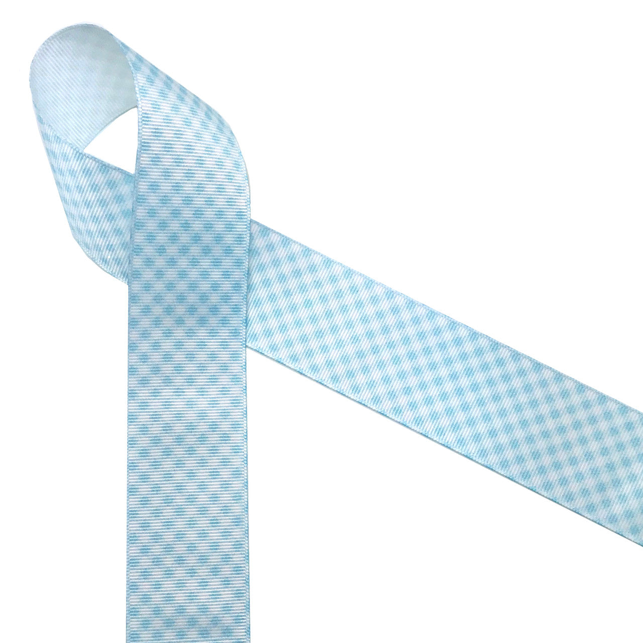 Gingham Check Ribbon in light baby blue and white on 1.5 White grosgrain