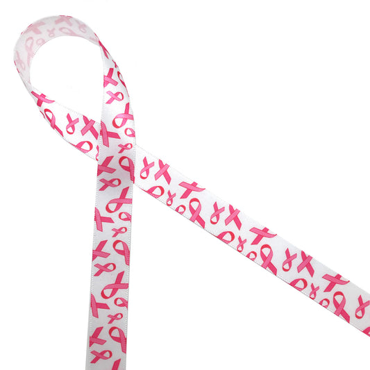 Breast Cancer Awareness ribbon printed on 5/8" white single face satin