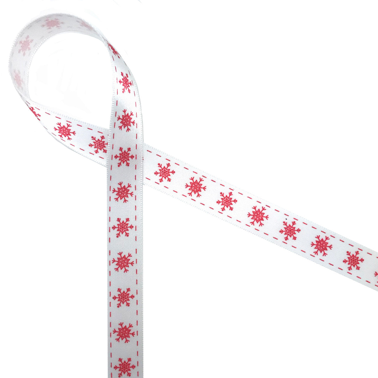 Red snowflakes with a red stitch border printed on 5/8 white single face  satin ribbon, 10 yards