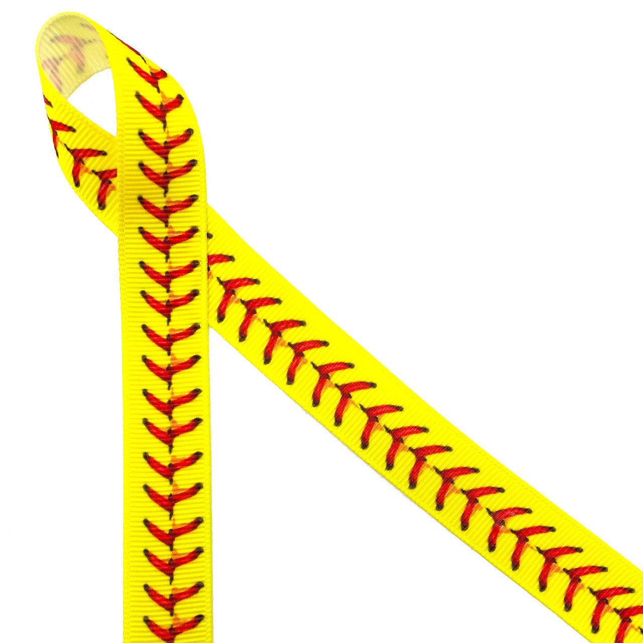Spring and Summer are for softball games! Soft ball stitches in red on a bright yellow background printed on 5/8" white grosgrain  is ideal for your favorite player! This ribbon is perfect for gift wrap, gift baskets, awards banquets, coaches gifts, party decor, party favors, sports banquets, cookies, cake pops and candy favors. This is a fun ribbon for crafts, hair bows, sewing and quilting projects too! All our ribbon is designed and printed in the USA