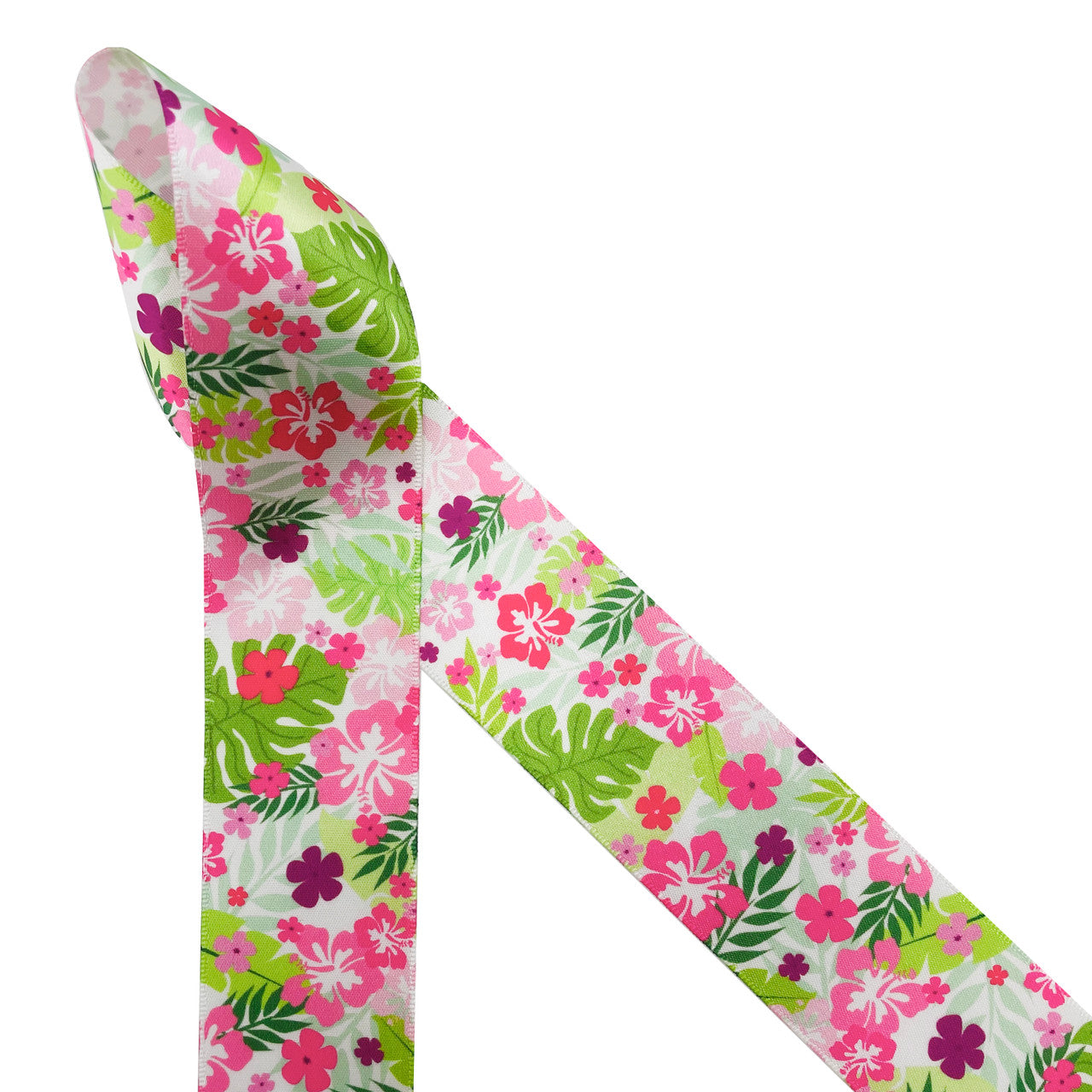 Lily inspired floral ribbon hot pink flowers with green palm fronds and ferns printed on 5/8" and 1.5" white single face satin