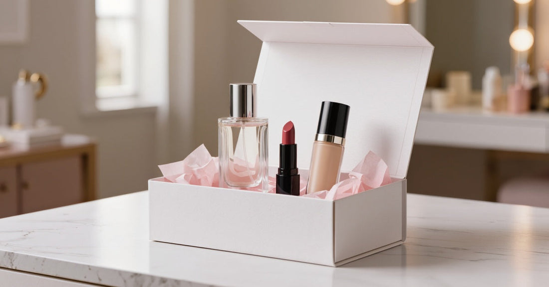 An open white box on a counter. A perfume bottle, foundation, and open tube of lipstick rest inside the box.