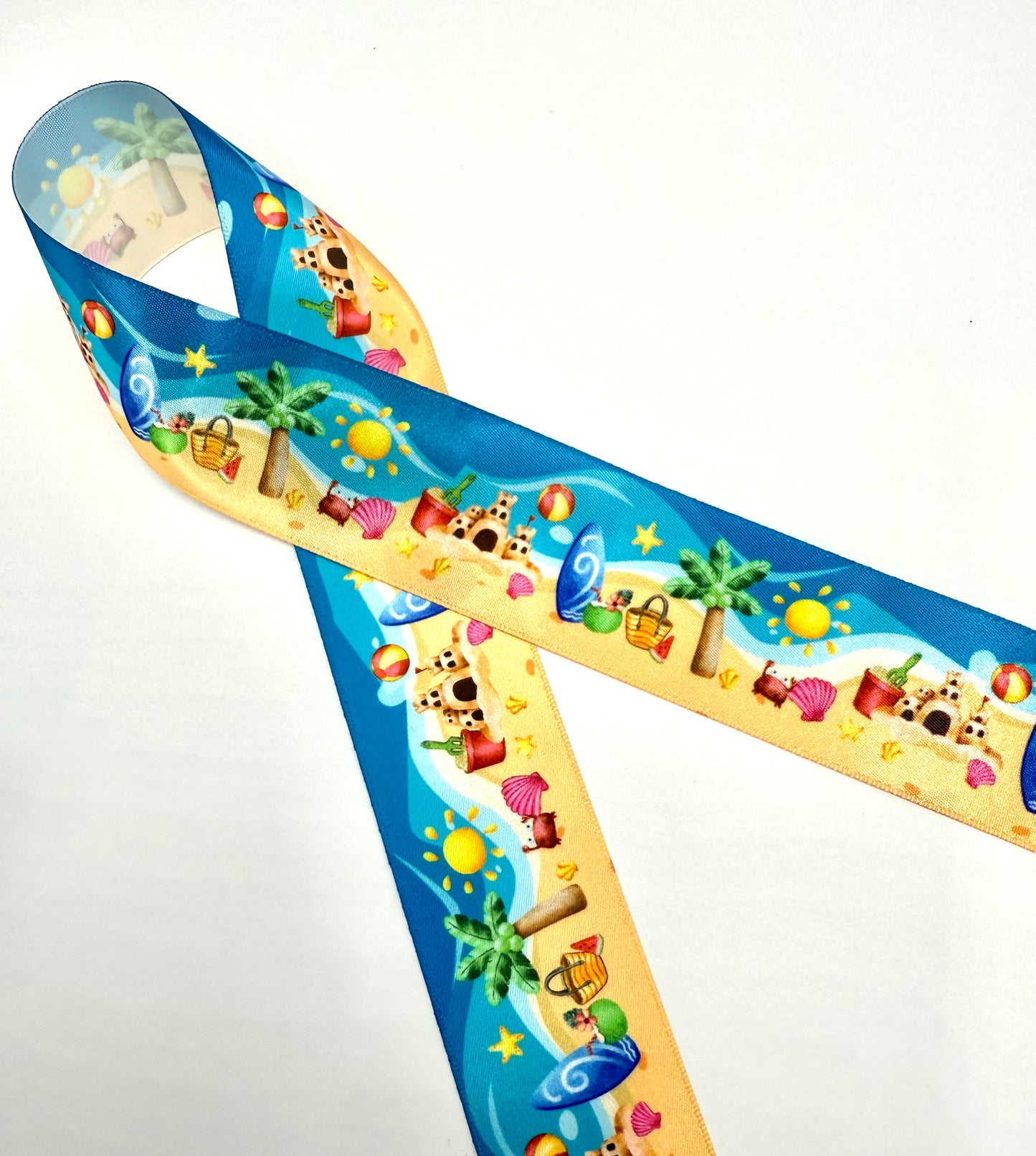 Beach Ribbon with sand castles, surf boards, sand pails, Palm trees and beach bags printed on 7/8" and 1.5" White single face satin