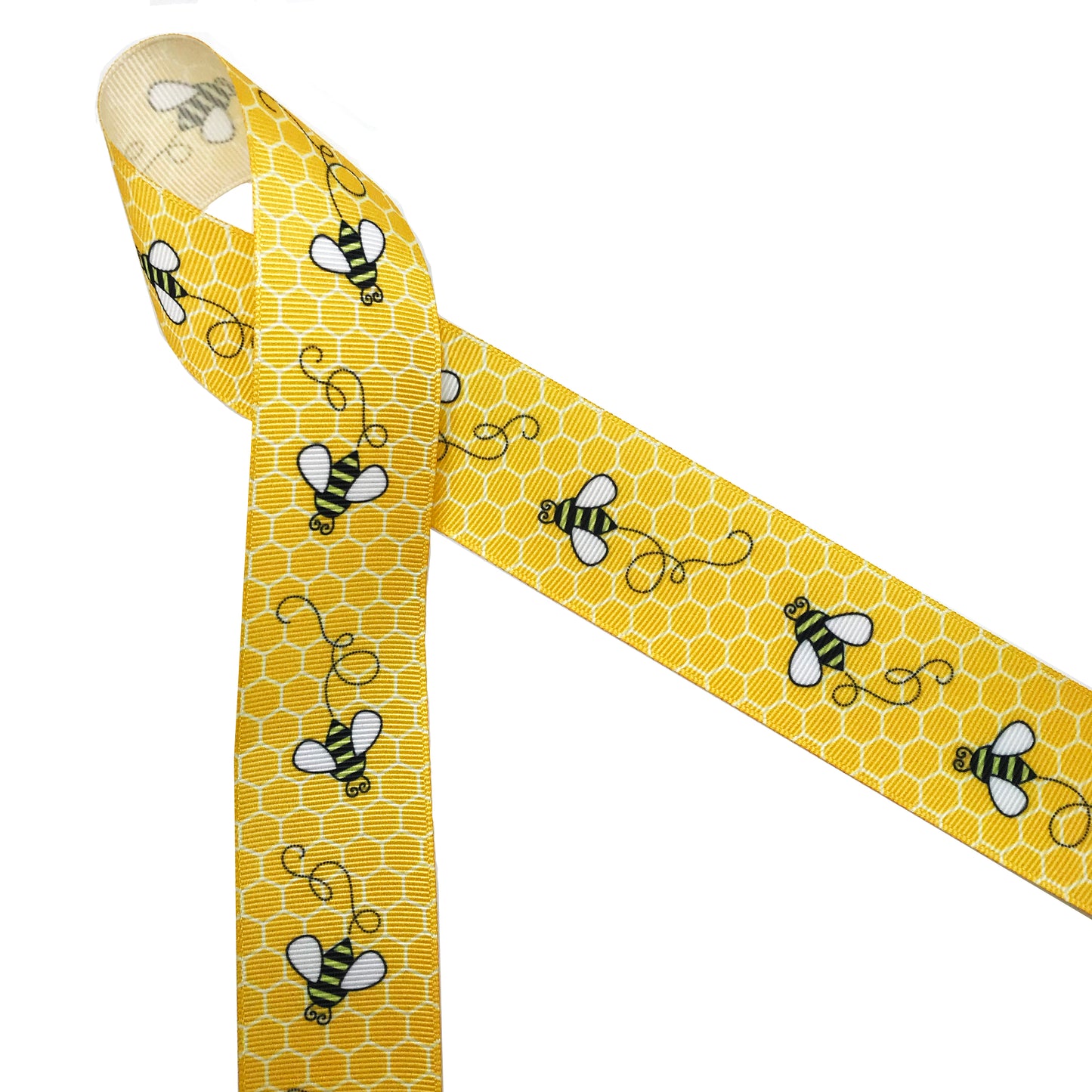 Buzzing Bees Ribbon with a yellow comb printed on 5/8", 7/8" and 1.5"  white grosgrain