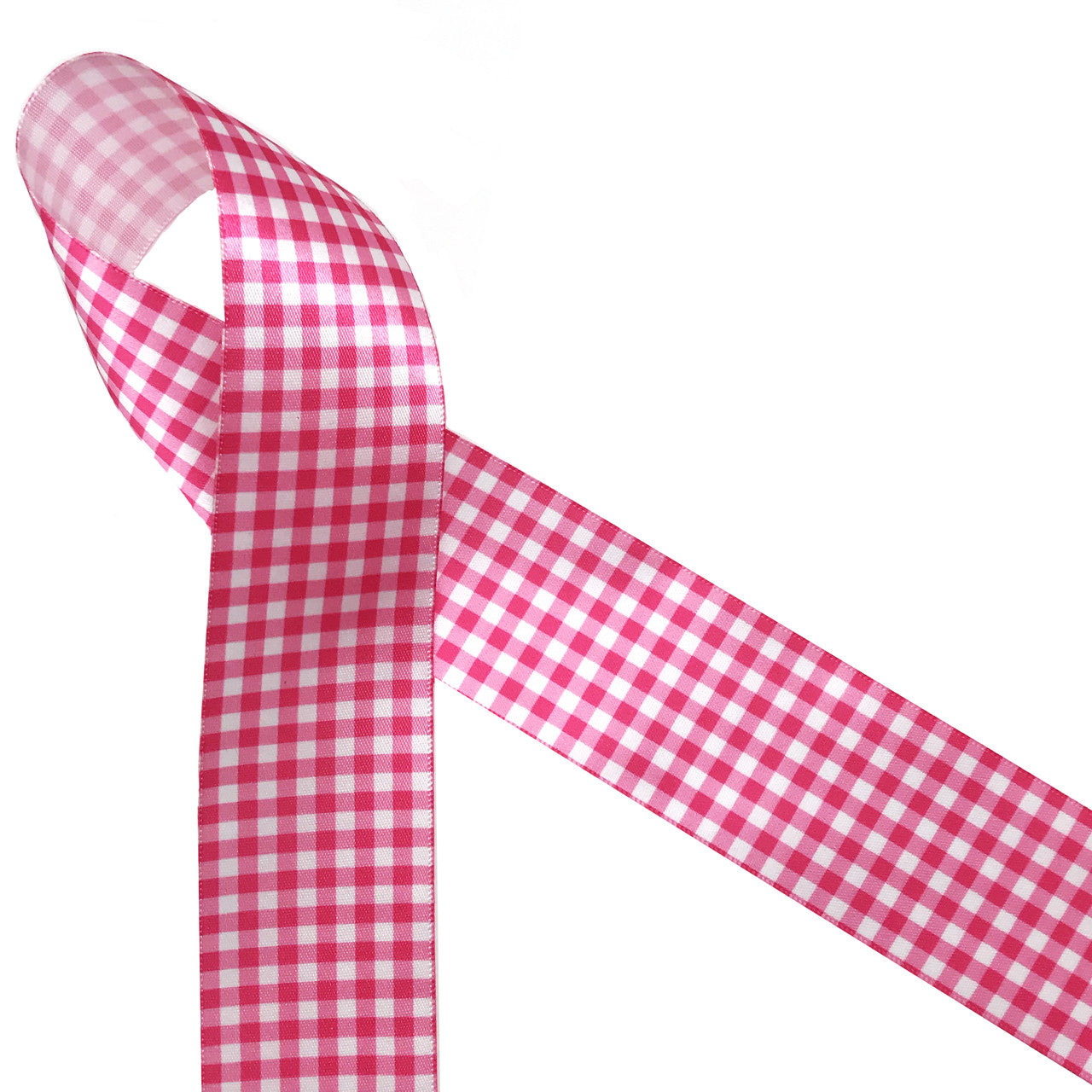 Hot pink gingham check on 1.5" white single face satin make for a beautiful staple in your ribbon collection! Be sure to have some on hand for Spring, Summer and any fun hot pink event!
