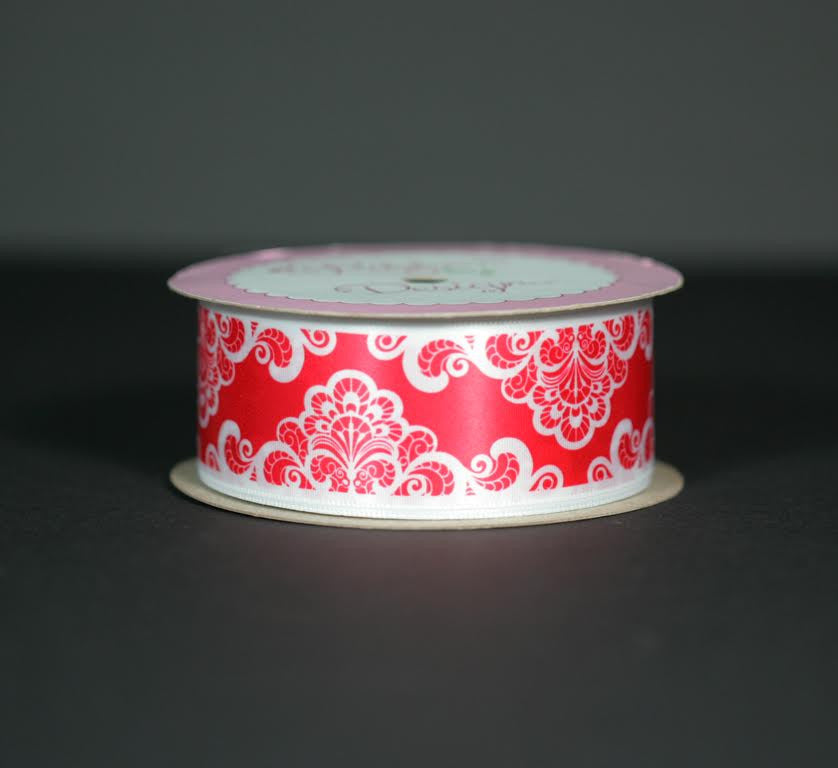 Our Love Lace pattern in white has a red background on 1.5" white single face satin. Make all your Valentine gifts extra special with this beautiful ribbon!