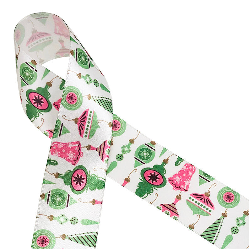 Vintage ornaments in pink and green printed on 1.5" white single face satin ribbon is an ideal ribbon for gifts, wreaths, trees, floral arrangements and Christmas crafts! Make the Christmas table beautiful in pastels with this old fashioned design. All our ribbon is designed and printed in the USA